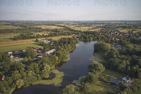 Aerial view of Sandbraak Lake at the village of Fuenfhausen in the Kirchwerder district of Hamburg