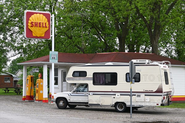 Camper in front of the 1926 Soulsby Shell Station