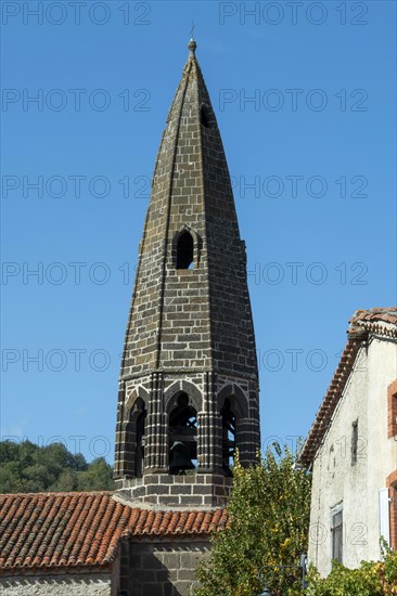 Typical steeple of Saint-Cirgues. Haut-Allier region. Haute-Loire department. Auvergne Rhone Alpes. France