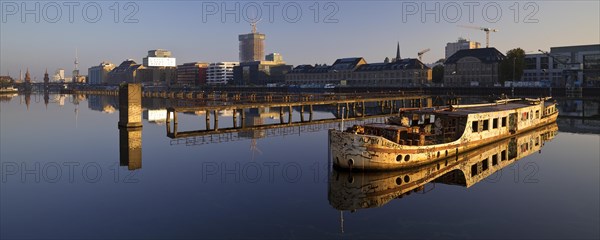 Shipwreck of the MS Dr. Ingrid Wengler in the Spree in early morning light