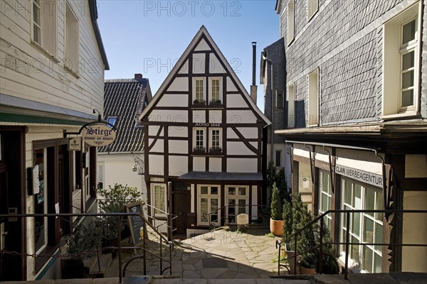 Half-timbered houses on the church steps in Kettwig