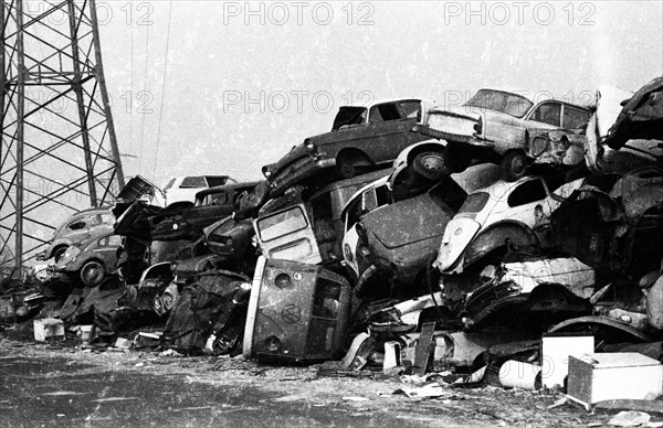 Pile of scrap cars on 25. 2. 1972 in Duisburg