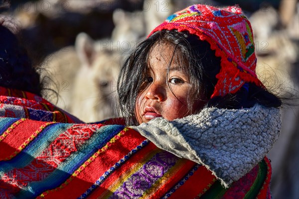 Small child in sling in traditional dress of the Quechua Indians