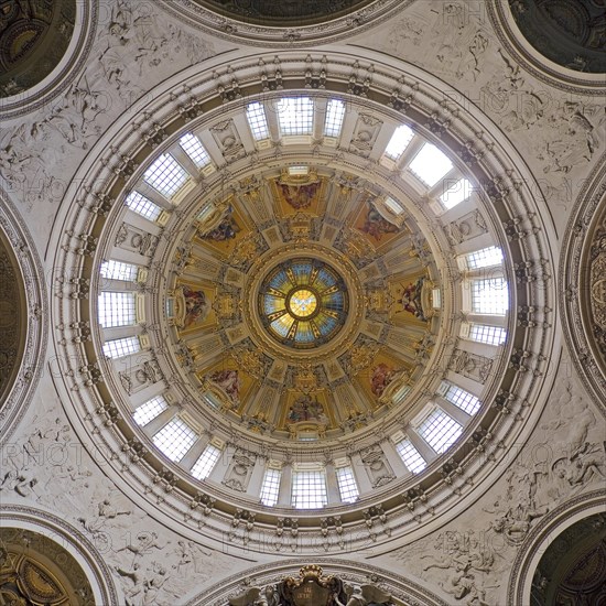 View into the dome with central Holy Spirit window with cupola windows
