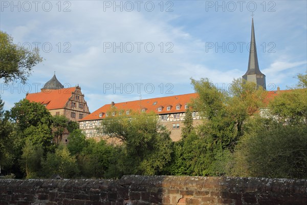 View of Hotel Vorderburg and church tower in Schlitz