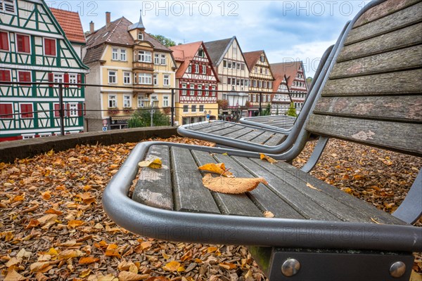 Autumn atmosphere with leaves on seating belt in half-timbered town