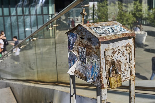 Collection box of the Orthodox Church at the pedestrian bridge in front of the Tbilisi Public Service Hall