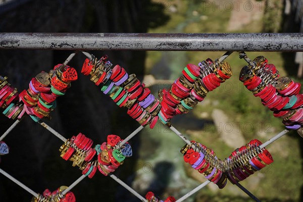 Heart-shaped locks on a so-called love bridge over the Zawkissis-zkali river