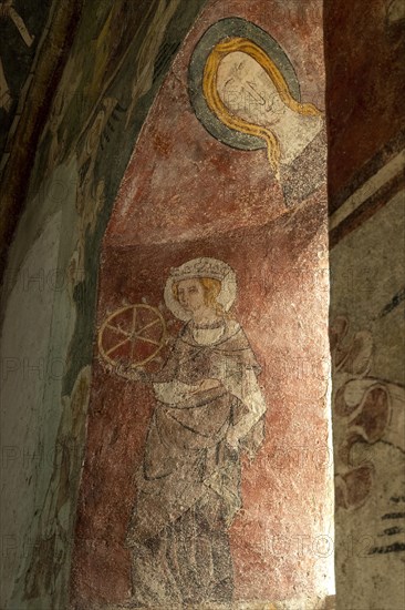 Blassac village. Church mural painting. Haute-Loire department. Auvergne Rhone Alpes. France