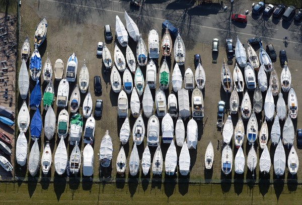 Aerial view of sailboats in winter storage
