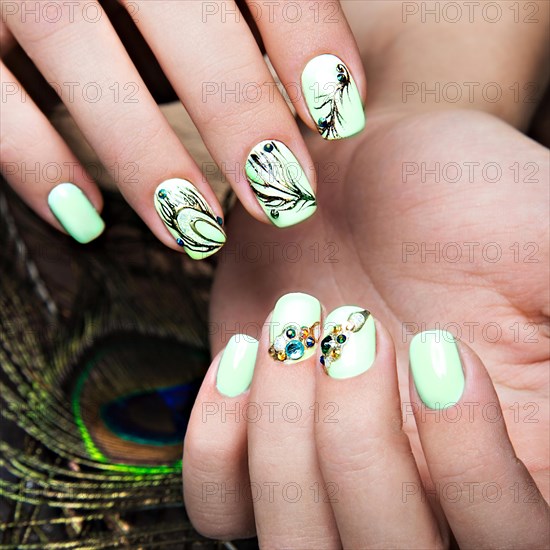 Art design manicure with peacock feather on female hands. Close-up. Fashion nails. Photos shot in studio