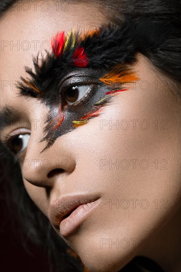 Beautiful girl in the image of the Phoenix bird with creative makeup .The beauty of the face. Photos shot in studio