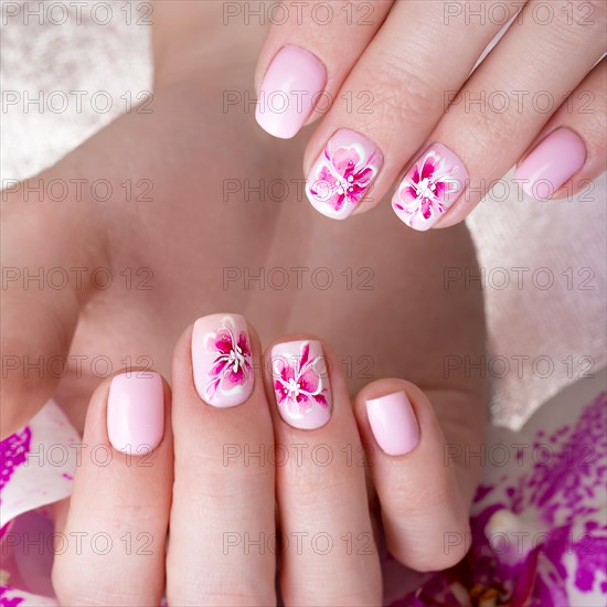 Shot beautiful manicure with flowers on female fingers. Nails design. Close-up. Picture taken in the studio on a white background