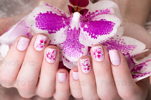 Shot beautiful manicure with flowers on female fingers. Nails design. Close-up. Picture taken in the studio on a white background