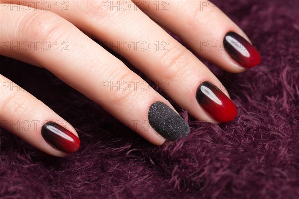 Shot beautiful manicure with gradient on female fingers. Nails design. Close-up. Picture taken in the studio