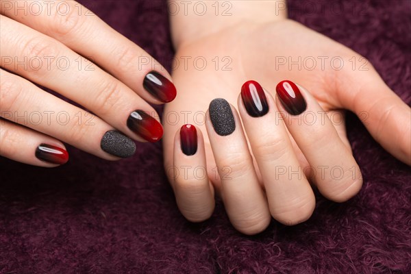 Shot beautiful manicure with gradient on female fingers. Nails design. Close-up. Picture taken in the studio