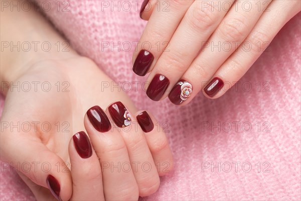 Shot beautiful manicure with flowers on female fingers. Nails design. Close-up. Picture taken in the studio on a white background