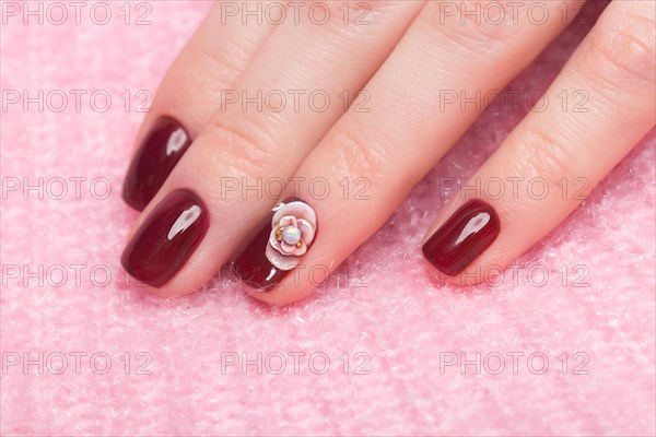 Shot beautiful manicure with flowers on female fingers. Nails design. Close-up. Picture taken in the studio on a white background