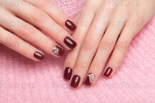 Shot beautiful manicure with flowers on female fingers. Nails design. Close-up. Picture taken in the studio on a white background