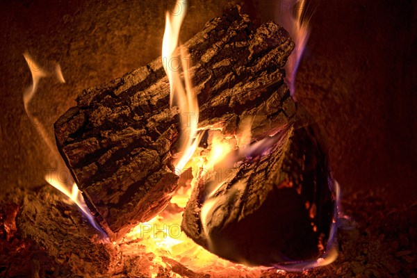 Burning log in the fireplace