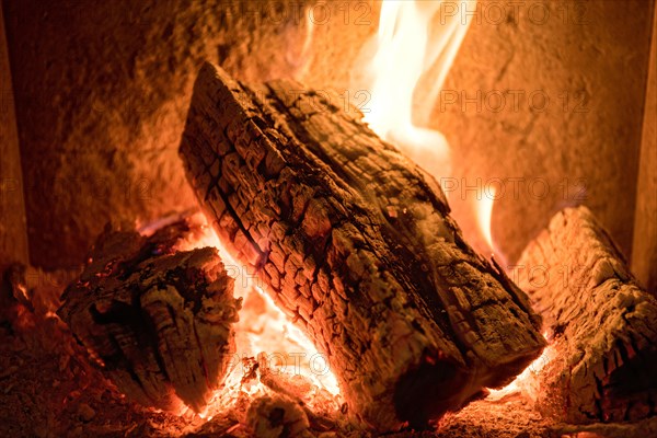 Burning log in the fireplace