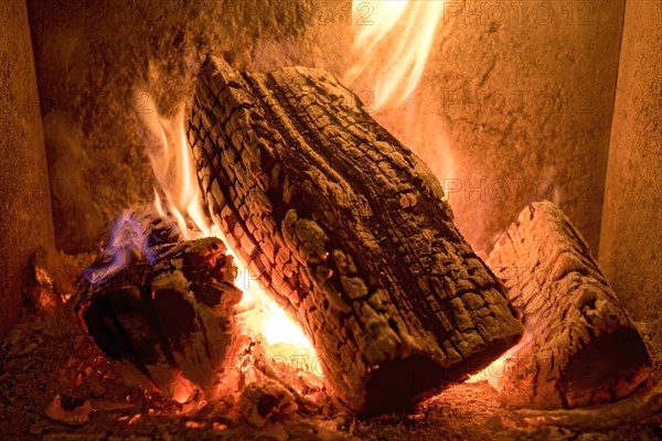 Burning log in the fireplace