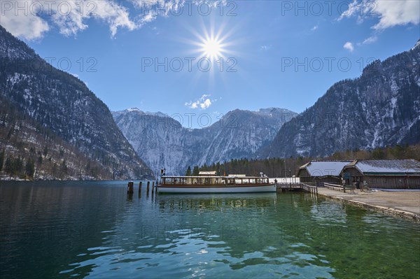 Excursion boat on jetty in St Bartholomae at Koenigsee