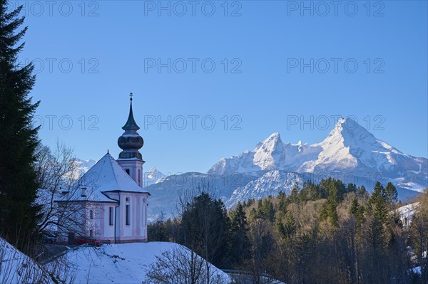 Pilgrimage Church of Maria Gern with Watzmann mountain in winter