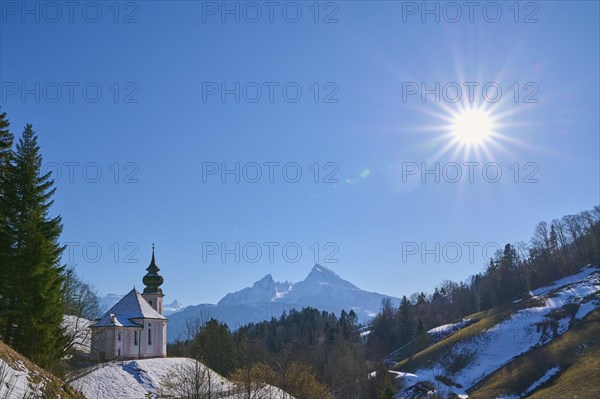 Pilgrimage Church of Maria Gern with Watzmann mountain in winter