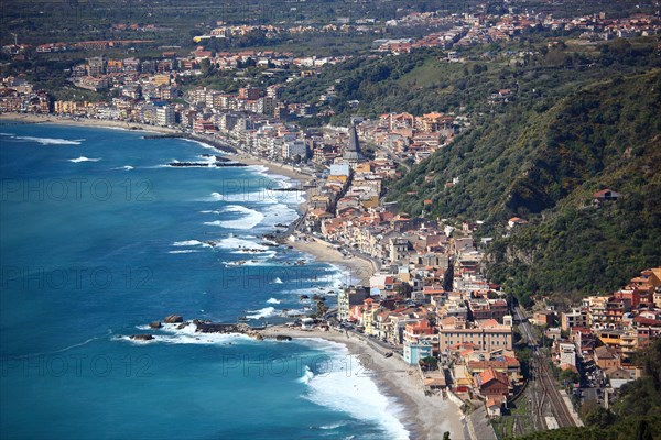 View from the ancient theatre in Taormina to the coastal landscape near Giardini-Noxos