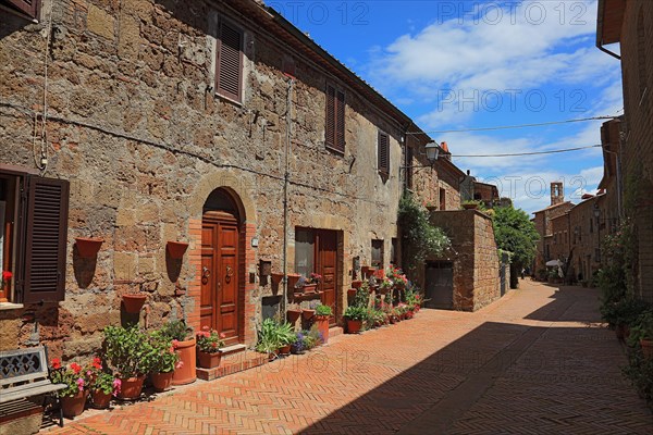 Flower decorations in front of the houses in the historic centre of the village of Sovana