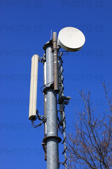 Transmission mast with directional radio antenna and antennas for mobile phone reception