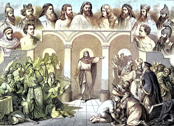 Passion Play in Oberammergau in 1882 with Jesus and the main characters of the biblical story of the Crucifixion