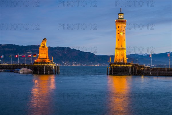 Harbour with lighthouse and Bavarian Lion