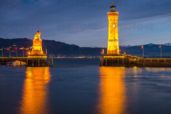 Harbour with lighthouse and Bavarian Lion