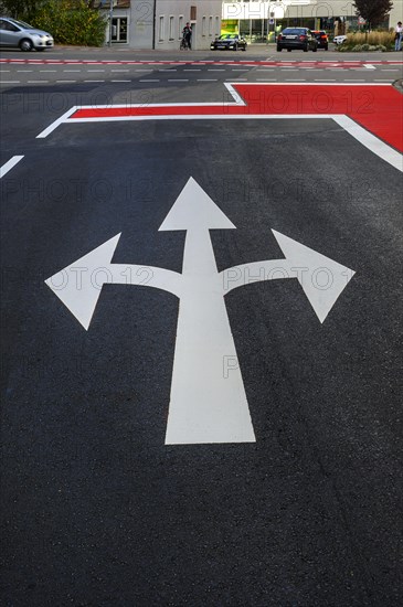 Directional arrows and red cycle path on the road