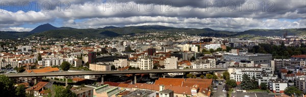 View on Clermont Ferrand city and viaduct Saint Jacques. Puy de Dome department. Auvergne Rhone Alpes. France