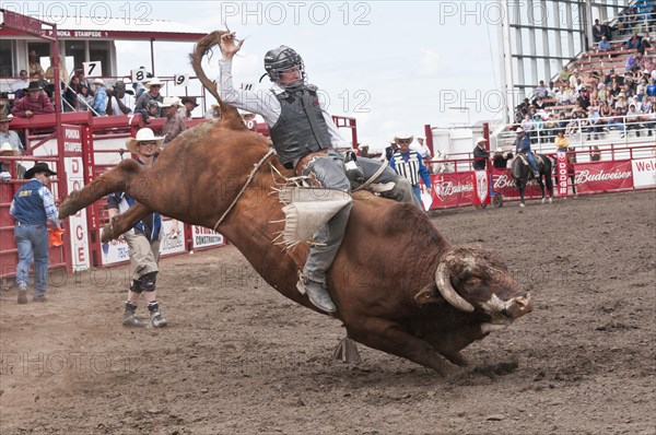 Cowboy bull riding at a rodeo