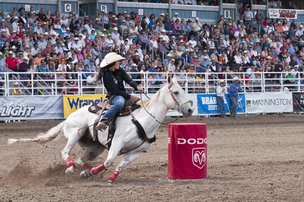 Cowgirl riding fast during barrel racing