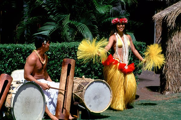 Dancer and drummer at historic Kodak Hula Show