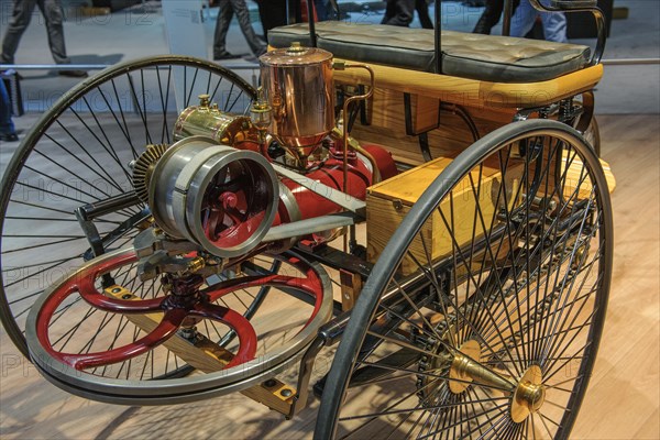 Close-up of engine of first three-wheeled automobile built by Carl Benz with combustion engine Vehicle with gas engine operation Benz Patent Motor Car Number 1