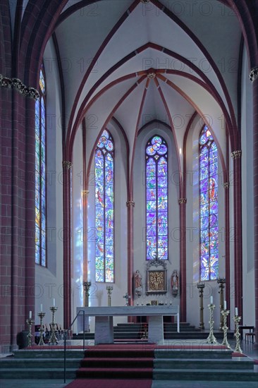 Interior view of the chancel with Marc Chagall window