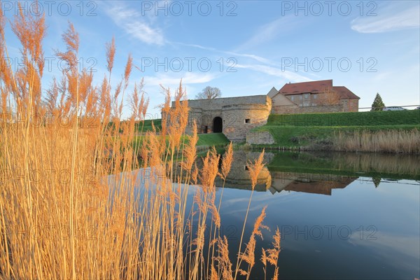 Renaissance moated castle with reflection in the pond and golden reed grass