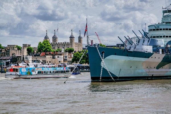 Museum Ship HMS Belfast on the Thames with Tower