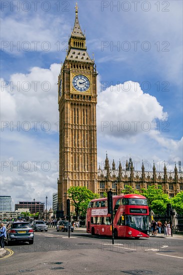 Double decker bus in front of the clock tower Big Ben