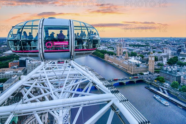 Gondola of the London Eye Ferris Wheel over the Thames with the Houses of Parliament in the evening mood