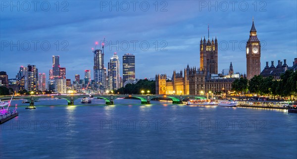 Westminster Bridge over the Thames with skyline and Houses of Parliament at dusk