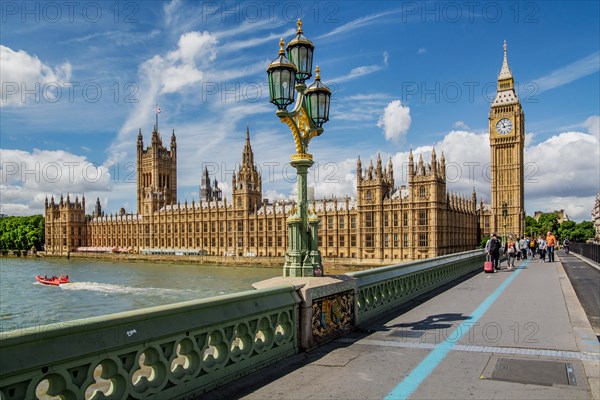 Westminster Bridge with Parliament Building on the banks of the Thames and Big Ben clock tower