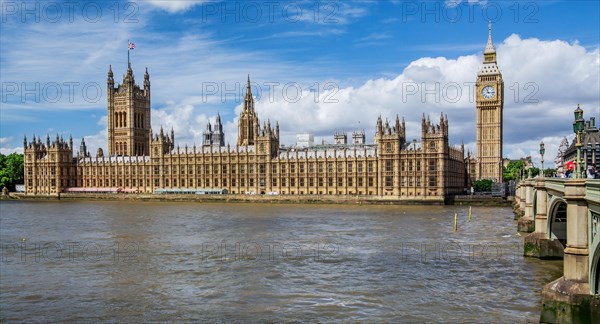 Parliament House on the Thames Embankment and Big Ben Clock Tower