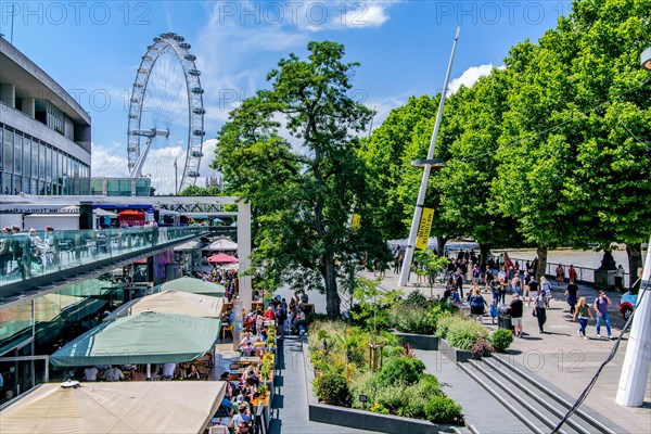 Embankment on the Thames with street cafe and Ferris wheel London Eye